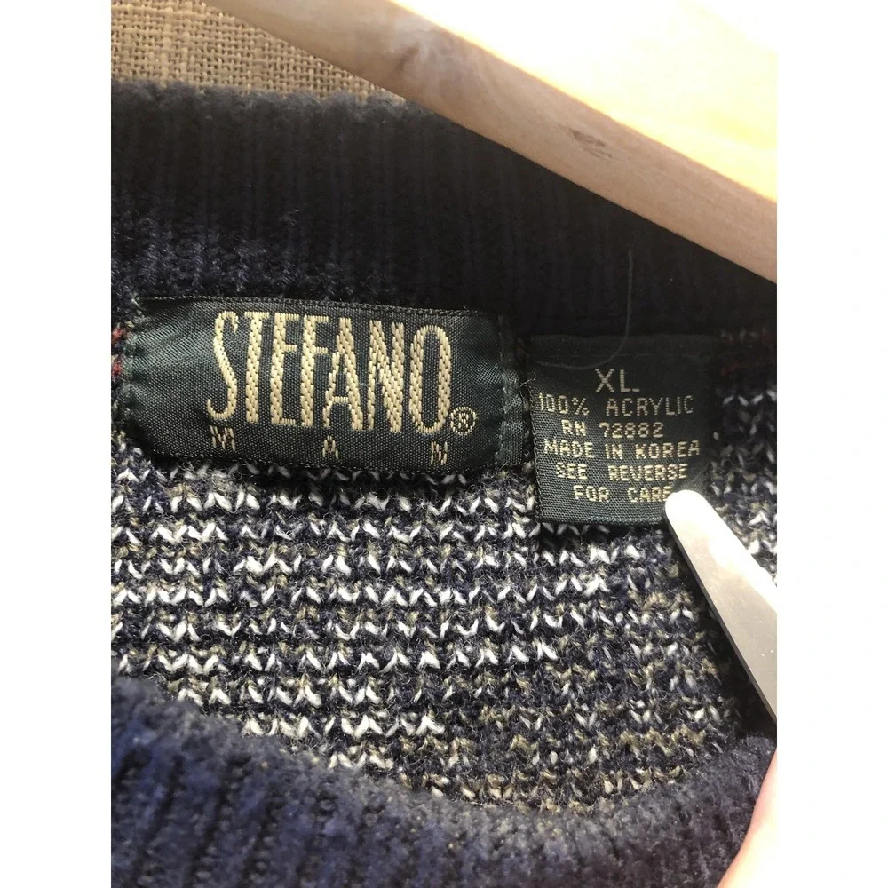 Vintage Stefano Sweater Mens XL Navy Multicolor Geometric Knit Pullover 80s 90s